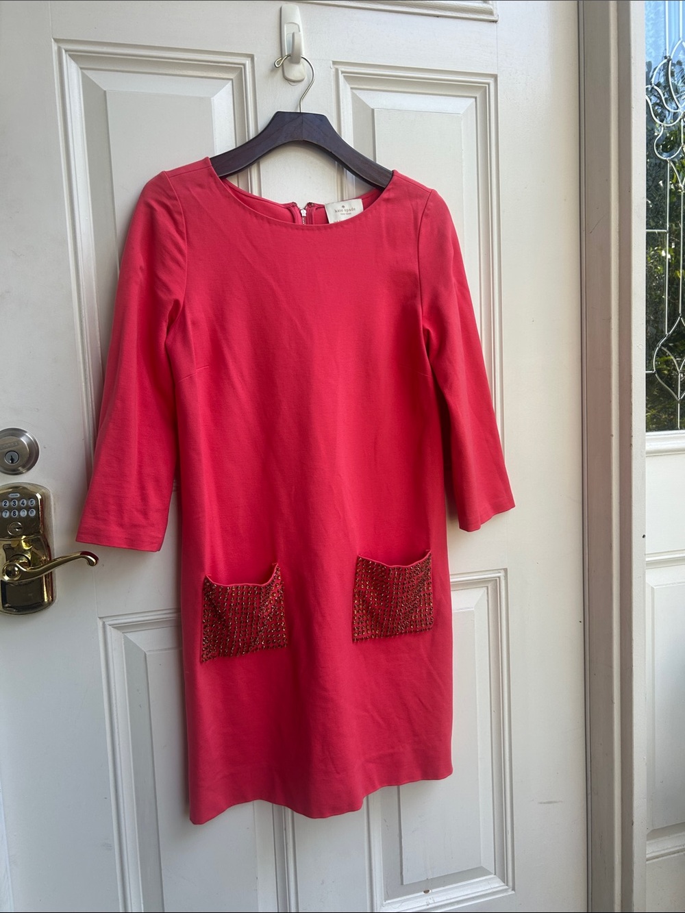 Vintage kate spade shift dress in Muted Corral with 3/4 sleeve & beaded pockets